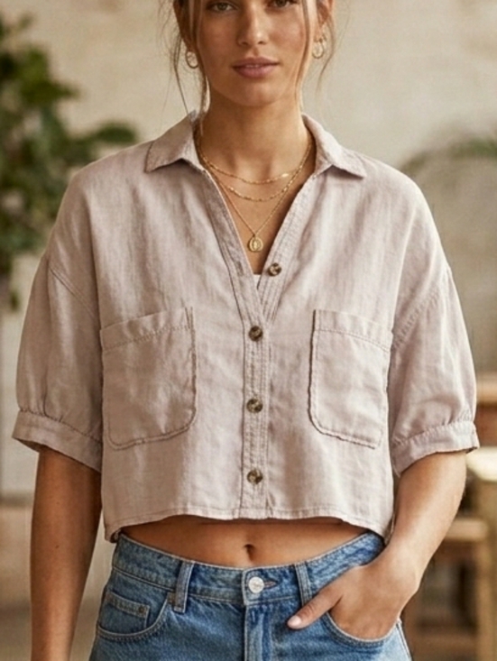 Zara Tops - ZARA Linen Blend Cropped Button Down Shirt Cream M